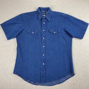 Wrangler Shirt Men's Large Blue Denim Short Sleeve Western Pearl Snap Pockets